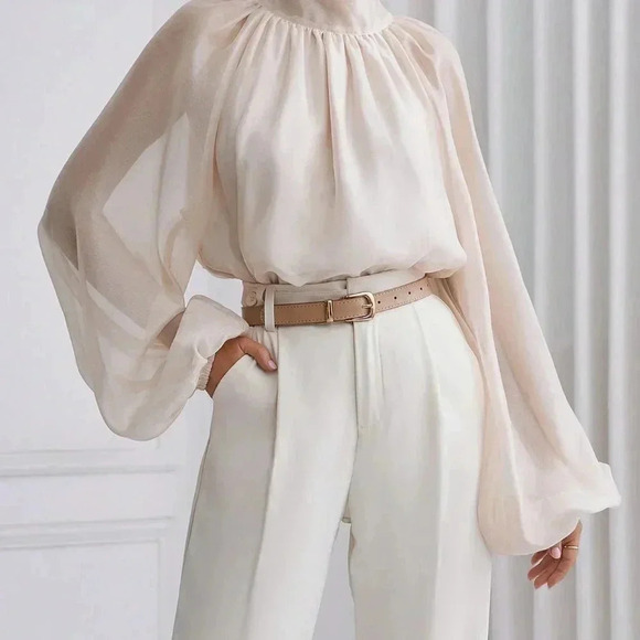 Apricot Casual Women's Solid Color Stand Collar Lantern Sleeve Shirt - Picture 4 of 5